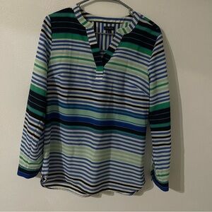 Talbots striped blue green blouse V-neck size small like new